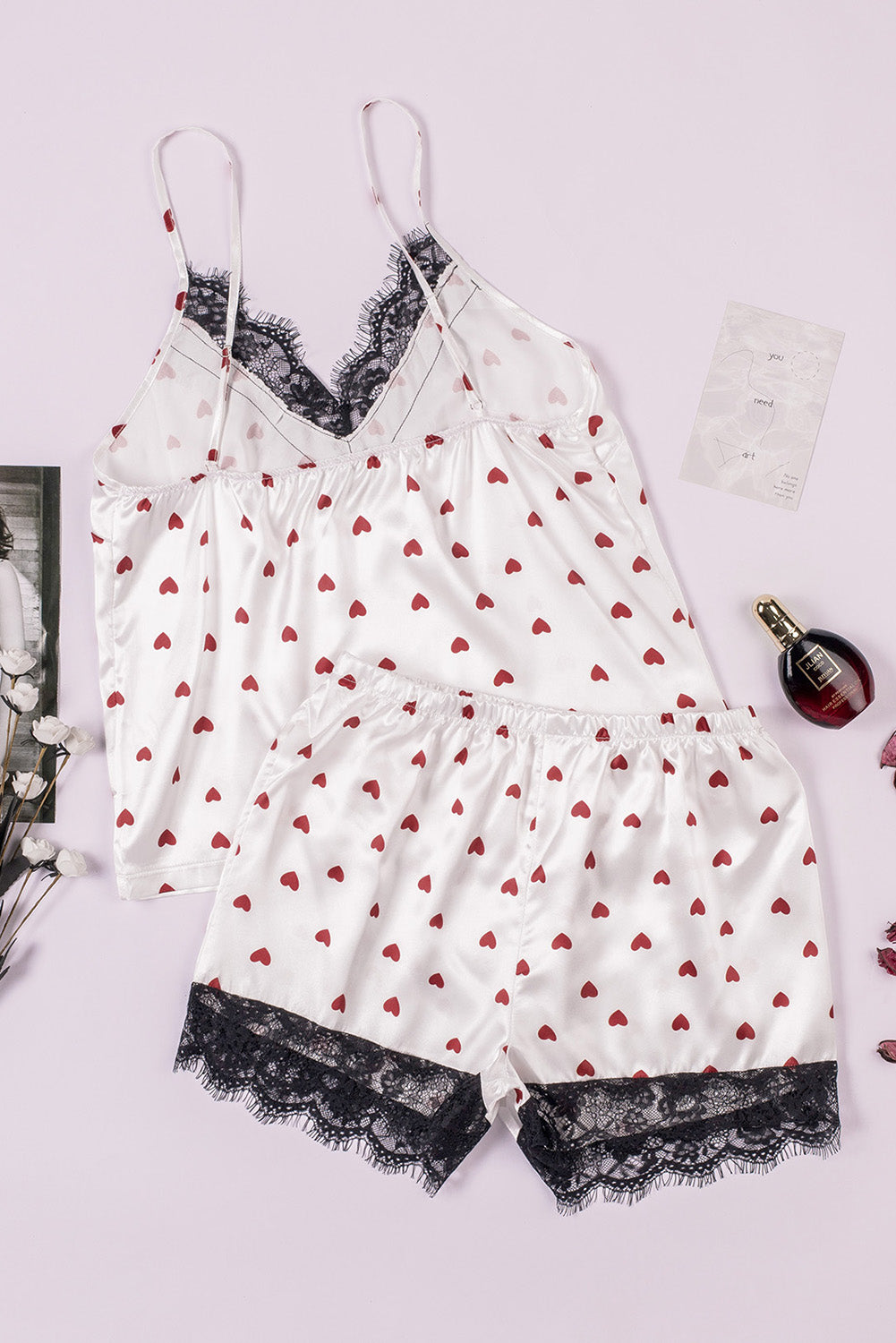 Heart Print Lace Trim Cami and Shorts Pajama Set